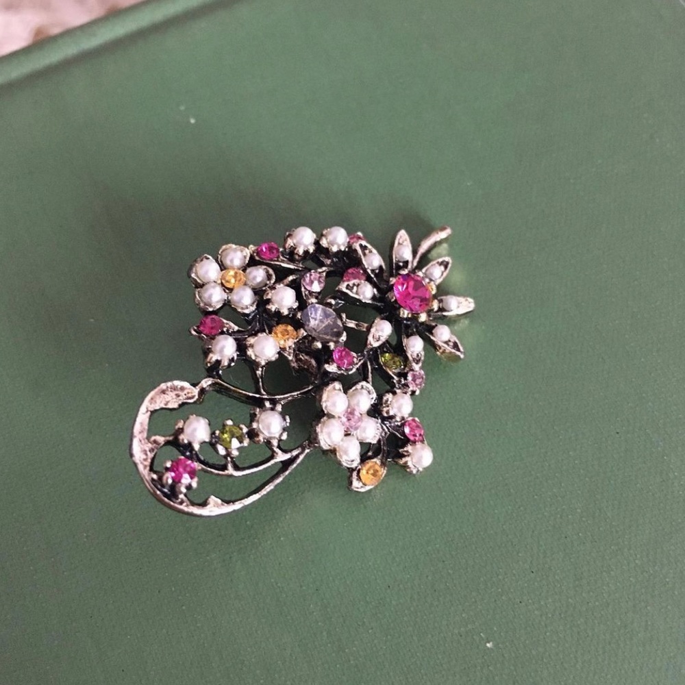Vintage Orange and Pink Floral Rhinestone Brooch